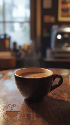 a coffee cup sitting on top of a wooden table with steam coming out of it