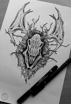 a pen drawing of a deer skull with antlers on it