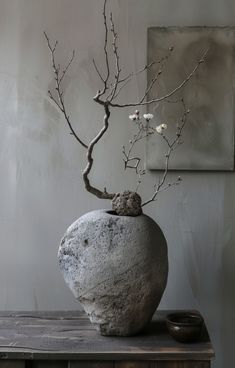 a bonsai tree in a vase on top of a wooden table next to a wall