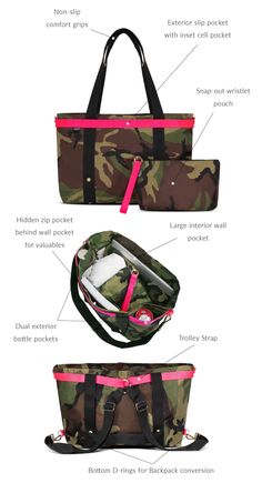 three different types of duffel bags with the names and description in english on them