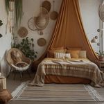 a bedroom with an orange canopy bed in the middle and hanging plants on the wall