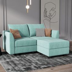 a living room with a blue couch and rug