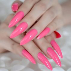 uñas postizas extra largas, color rosa cálido, puntas de Stiletto Pink Nails Sharp, Nails Sharp, Nail Diamond, Bright Pink Nails, Neon Pink Nails, Nails Health, Nail Store, Long Stiletto Nails, Solid Color Nails