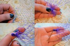 four pictures showing how to make a purple netted ring with beads and thread on the thumbnails