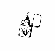 a black and white drawing of a lighter with a heart on the side, which is lit up