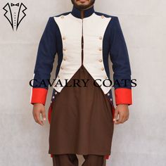 "New Men Navy Blue Military Tailcoat, Napoleonic Uniform, Napoleonic Jacket, Steampunk Military Uniform, Officer Tailcoat, Cavalry coats With Worldwide Expedited Shipping ARTICLE DESCRIPTION CHARACTERISTICS: Only Tailcoat are Included In price 100% wool Custom Fit Style. Main color: Navy Blue Professionally stitched Size Note: To ensure we create the ideal costume for you, kindly provide the following measurements: Chest Size: Measure the circumference of your chest at its widest point. Waist Size: Measure around your natural waistline, typically the narrowest part of your torso. Shoulder to Shoulder: Measure from the tip of one shoulder across your back to the tip of the other shoulder. Sleeve Length: Measure from the top of your shoulder down to your wrist. Jacket Length: Measure from th Military Style Fitted Outerwear For Cosplay, Fitted Military Outerwear For Cosplay, Fitted Historical Long Coat, Fitted Long Historical Coat, Winter Cosplay Long Sleeve Blazer, Uniform Style Long Sleeve Costume Outerwear, Long Sleeve Uniform Style Outerwear For Costume, Costume Outerwear With Epaulettes And Long Sleeves, Fitted Outerwear With Epaulettes For Costume