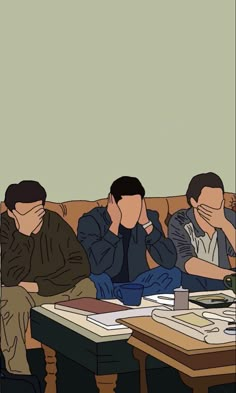 three men sitting on a couch with their hands covering their eyes and looking at something