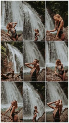 a woman in a bathing suit standing next to a waterfall with her hands on her head