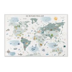 the map of the world with animals and other things to see on it's surface