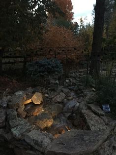 an outdoor fire pit surrounded by rocks and trees