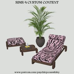 a pink zebra print chaise lounge chair and footstool next to a potted plant