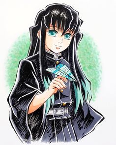 an anime character with long black hair and blue eyes, holding a small object in her hand