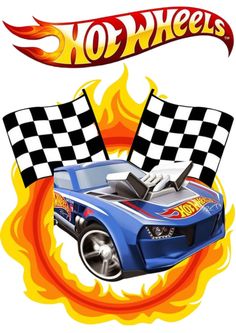 a blue car with flames and checkered flag