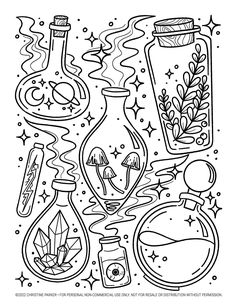 a coloring page with bottles and plants