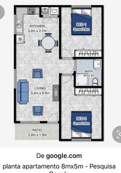 the floor plan for a two bedroom apartment with an attached kitchen, living room and dining area