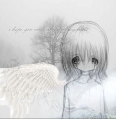 an angel with white wings standing in front of trees and foggy sky, looking at the camera