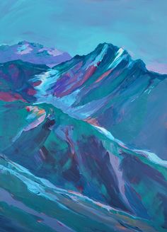 an abstract painting of mountains in blue and green