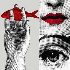 a woman's face is shown with red lipstick on her lips and an image of a fish in her hand