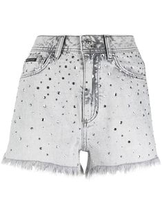 frayed crystal-embellished denim shorts from PHILIPP PLEIN featuring cotton, washed denim, crystal embellishment, logo patch to the rear, mini logo tag, frayed hem, high-waisted, concealed fly and button fastening, classic five pockets, belt loops, thigh-high and London sky grey. Denim Crystal, Chloe 2024, Dress Reference, Nicki Minaj Pictures, Embellished Shorts, Over The, Ripped Denim Shorts, Mini Logo, Denim Pocket