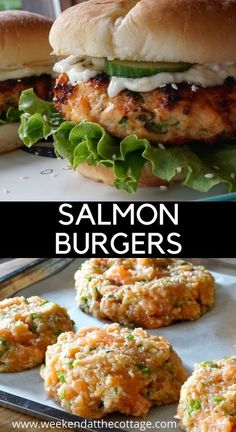 salmon burgers with lettuce and cheese on them are shown in this collage