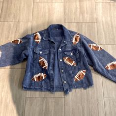 Never Worn Corduroy Jacket With Sequence Football Patches Jacket Was Made With Cropped Distressed Bottom Be The Cool Mom At The Football Games Or Wherever Blue Cotton Cropped Jacket For Fall, Blue Cropped Long Sleeve Jacket For Fall, Blue Long Sleeve Cropped Jacket For Fall, Jean Jacket Football Girlfriend, Jean Jacket Football, Winter Blue Denim Jacket With Embroidered Patch, Football Denim Jacket, Custom Game Day Denim Jacket, Patches Jacket