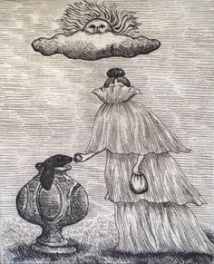 a drawing of a woman holding hands with a dog