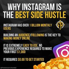 the instagram is the best side hustle info graphic on black background with gold coins