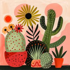 a painting of cactuses and succulents on a pink background