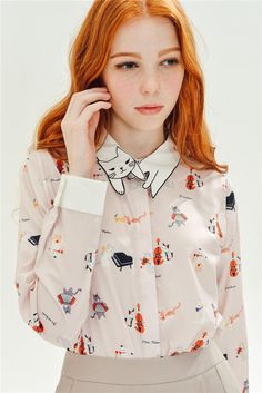 Neko Atsume, Light Pink Blouses, Girl Cat, Embroidered Collars, Cat Collar, Mori Girl, Cotton Blouse, Cat Pattern, Collar Blouse