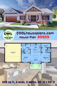 two story house plan with 3 beds, 2 baths, 5 w / x 32'd