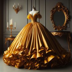 Dress Aesthetic Royal, Princess Ball Gowns Royals, Gold Ballgown, Themed Dresses, Royal Gowns, Frocks And Gowns, Yellow Gown, Gowns Dresses Elegant, Classy Prom Dresses