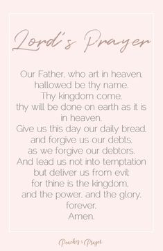 a poem written in pink and white with the words lord's prayer on it