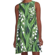 Loose-fit, mid-length sleeveless dress with silky handfeel. Printed on both sides. Machine washable. Size range XS-2XL. Beautiful Lily of the Valley Flower pattern in Green and White Embroidery Lily Of The Valley, Embroidered Lily Of The Valley, Lily Of The Valley Applique, Gold Lilly Of The Valley Pendant Necklace, Lily Of The Valley Brooch, White A Line Dress, Lily Of The Valley Flowers, Dress For Sale, Lily Of The Valley