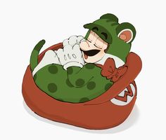 a cartoon character laying in a bean bag with his eyes closed and mouth wide open