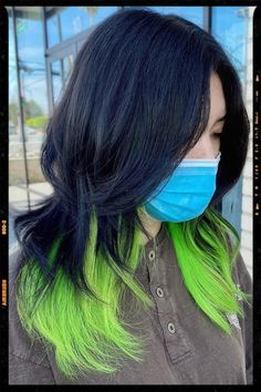 Wolf Cut Hair Black Hair With Lime Green Underneath, Neon Peekaboo Hair, Neon Green Highlights In Black Hair, Black Green Purple Hair, Neon Green Black Hair, Hair Color Ideas For Wolf Cut, Black And Green Hair Ideas, Black And Green Hair Underneath, Neon Green Peekaboo Hair