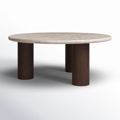 an oval marble table with two wooden legs and a dark wood base, against a white background