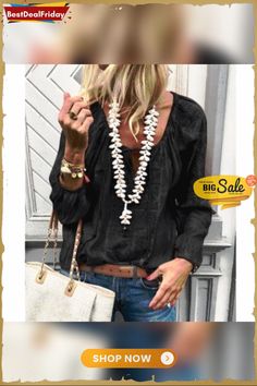 Plus Size Lace Up Fashion V Neck Long Sleeve Blouses Fall Beach V-neck Blouse, Elegant Solid Color Blouse For Vacation, Chic Solid Color Blouse For Vacation, Chic Long Sleeve Blouse For Vacation, Chic Long Sleeve Vacation Blouse, Chic Tops For Fall Vacation, Chic Vacation Tops For Fall, Trendy Fall Blouse For Vacation, Elegant Fall Tops For Vacation