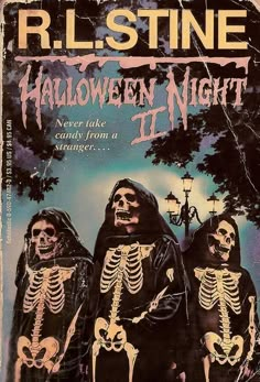 an old book cover with three skeletons in black robes and the words halloween night written on it