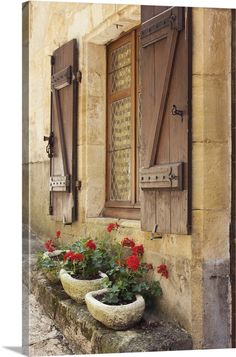 an old building with flower pots and shutters