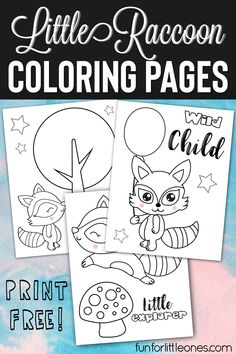 three little raccoon coloring pages with the title in black and white on top