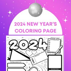 the new year's coloring page for 2021 is shown in front of a disco ball