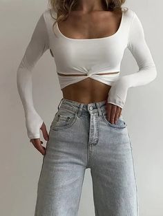 Slim Blouse, Cutout Blouse, Square Neck Long Sleeve, Slim Fit Crop Top, Top Streetwear, Tunic Tank Tops, Crop Top Outfits, Hipster Fashion, Spring Shirts