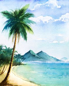 a watercolor painting of a palm tree on the beach with mountains in the background