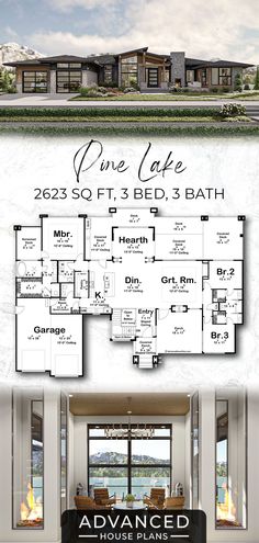 the floor plan for this luxury home is shown in black and white, with two large windows