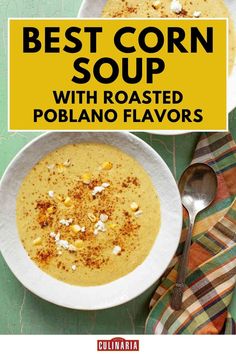 Smooth corn soup topped with roasted poblano seasoning and crumbled cheese in white bowls with a colorful napkin.