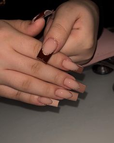 Jennifer 🧚‍♀️ | 🤎🤎🤎 • • • • • • • • • #fall #fallnails #brown #brownnails #squarenails #nudenails #frenchtipnails #glitternails #longnails #acrylicnails… | Instagram Almond Nails Designs Fall Brown, Fall Acrylic Square Nails, Fall Frenchies Acrylic Nails, Brown French Nails With Design, Almond Shape Thanksgiving Nails, Short Acrylic Nails Designs Brown, Coffee Brown French Tip Nails, Nails Design Thanksgiving, Fall Inspired French Tip Nails