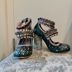 Irregular Choice Mermaid Unicorn Glam Dream Shoes! Metallic Iridescent Green With Gold And Pink Plus A Patterned Round Block Heel. Double Adjustable Ankle Straps. Never Worn Outside! Fun Printed Soles Perfectly Intact. Heel Height Is 4.” Party Heels With Ruffles And Round Toe, Ruffled Pointed Toe Party Heels, Outside Fun, Mermaid Shoes, Shoe Hacks, Mermaid Unicorn, Irregular Choice Shoes, Shoes Hack, Ugly Shoes