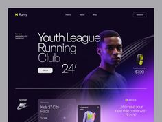 the landing page for nike's youth league running club, featuring an image of a young man