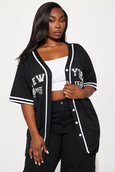 Available In Black And White. Jersey Tee Short Sleeve Front Screen Button Up Detail Stretch 100% Polyester Imported | NY Home Team Jersey Tee Shirt in Black size Medium by Fashion Nova Black Crew Neck T-shirt With Buttons, Black T-shirt For Day Out In Fall, Graphic Print Collared Top For College, Casual Black T-shirt With Buttons, Collared Tops For College In Summer, Collared Tops For Summer College Season, Casual Collared Tops For College, Collared College Style Tops, Black V-neck Top For College