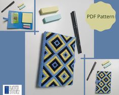 a blue and yellow pattern with some pens, notebooks and other items on it